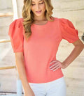 Textured Knit Poplin Sleeve Top - Coral by Boutique 23