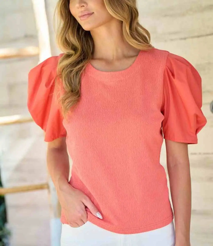 Textured Knit Poplin Sleeve Top - Coral by Boutique 23