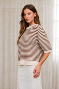 TEXTURED STRIPE CREW NECK HALF SLEEVE SWEATER : CREAM by Boutique 23