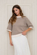 TEXTURED STRIPE CREW NECK HALF SLEEVE SWEATER : CREAM by Boutique 23