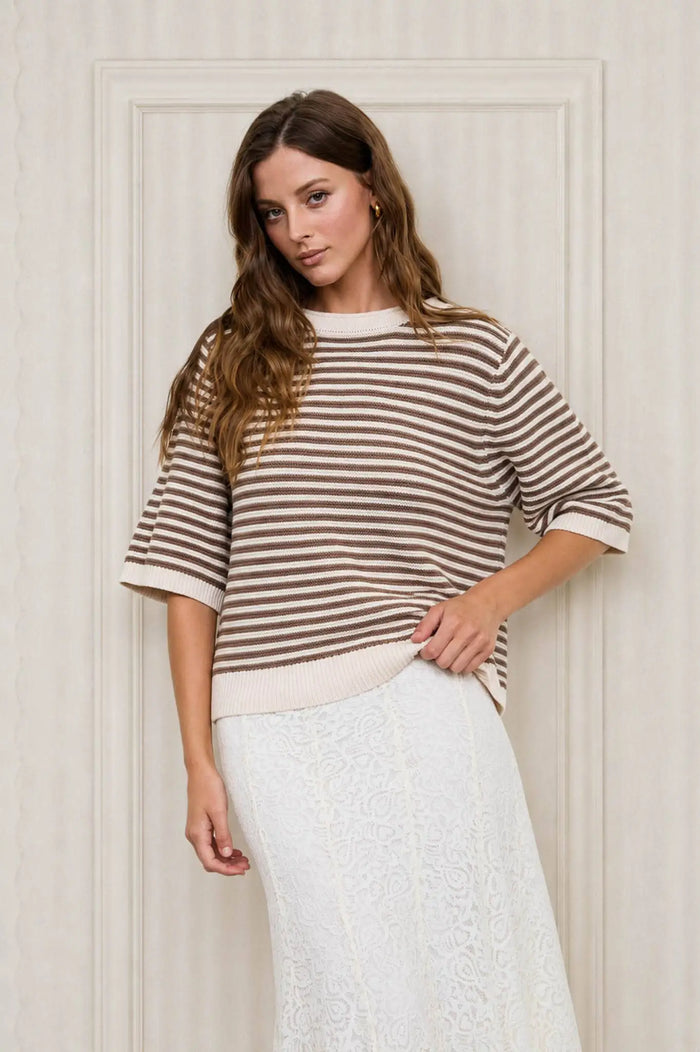 TEXTURED STRIPE CREW NECK HALF SLEEVE SWEATER : CREAM by Boutique 23