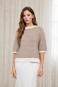 TEXTURED STRIPE CREW NECK HALF SLEEVE SWEATER : CREAM by Boutique 23