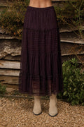 TEXTURED STRIPE RUFFLE TIERED MIDI SKIRT : CHOCOLATE BROWN by Boutique 23