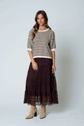 TEXTURED STRIPE RUFFLE TIERED MIDI SKIRT : CHOCOLATE BROWN by Boutique 23