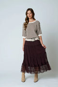 TEXTURED STRIPE RUFFLE TIERED MIDI SKIRT : CHOCOLATE BROWN by Boutique 23