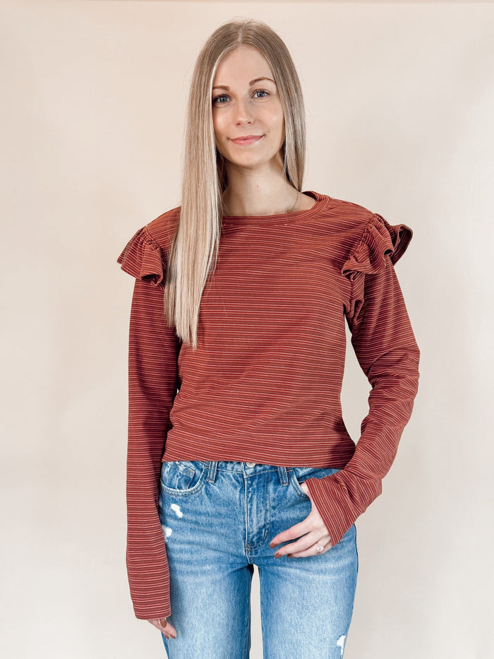 Soft Touch Striped Ruffle Shoulder Top - Brick Red by Boutique 23