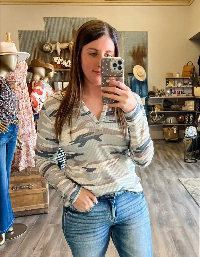 Thea Camo Waffle Long Sleeve - Green by Boutique 23