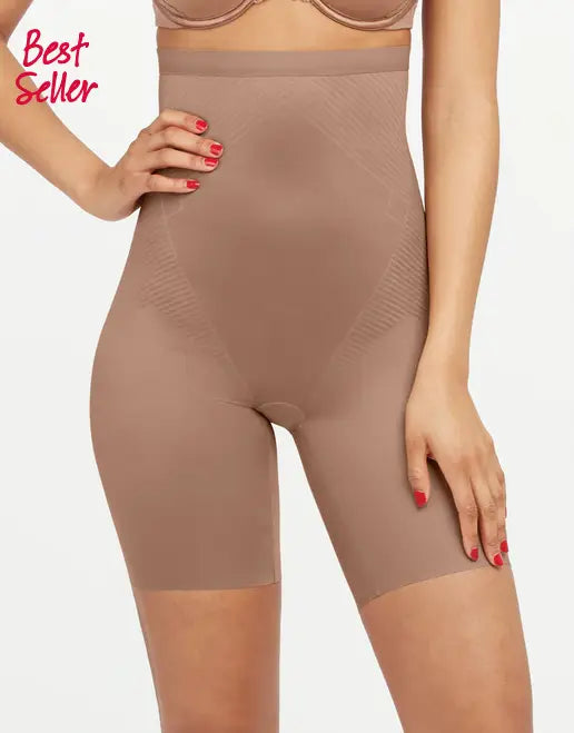 Thinstincts 2.0 High-Waisted Mid-Thigh Short - Cafe Au Lait by Boutique 23
