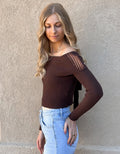 Off Shoulder Tie Back Ribbed Sweater by Boutique 23
