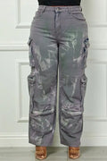 Time to Shine Grey Acid Wash High Waisted Cargo Plus Size Pants by Fasheabe
