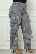 Time to Shine Grey Acid Wash High Waisted Cargo Plus Size Pants by Fasheabe