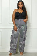 Time to Shine Grey Acid Wash High Waisted Cargo Plus Size Pants by Fasheabe