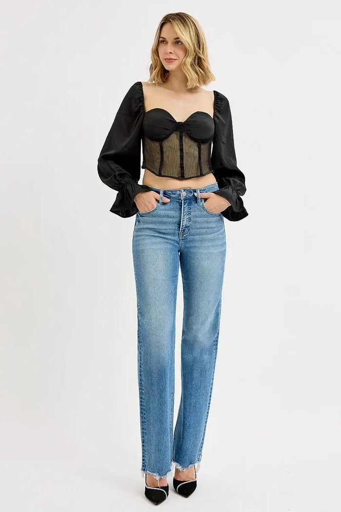 Tina Tummy Control High Rise Wide Leg Raw Cut Hem Jeans by Boutique 23
