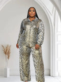 Tough Skin Plus Size Leopard Gold Foil Pants Set by Fasheabe