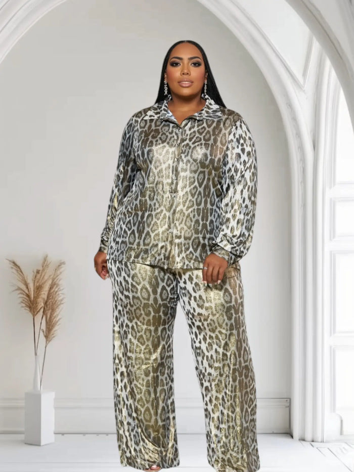 Tough Skin Plus Size Leopard Gold Foil Pants Set by Fasheabe