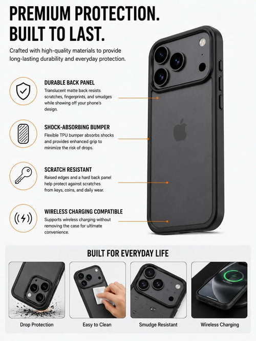 Translucent Matte Case for iPhone 17 Pro, Slim Shockproof Cover, 10FT Military Grade Drop Protection, Anti-Scratch Bumper, Black by Generic
