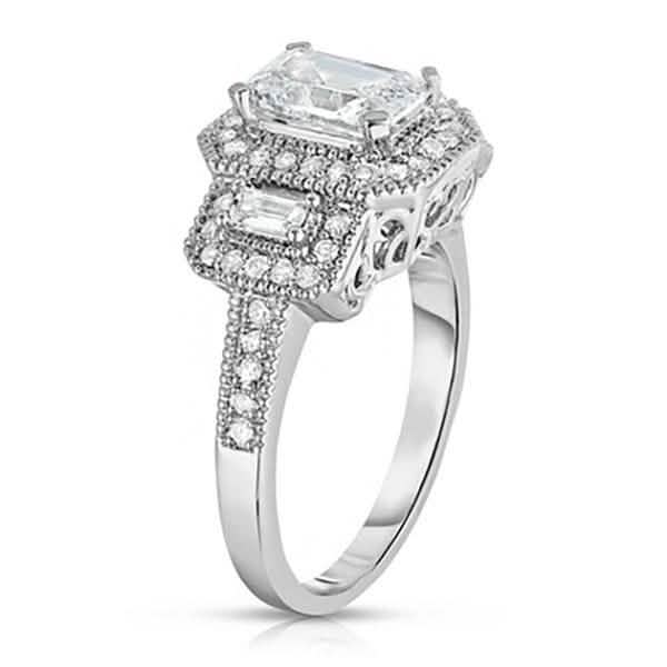 Tri Stone Emerald Cut Cubic Zirconia Ring in 18k White Gold - Size: 9 by DailySale