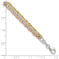 Tri-Tone Gold Plated Silver 3-Strand Diamond-Cut Bead & Twisted Fancy Link Lobster Clasp Chain Bracelet by Fine Color Jewels