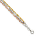 Tri-Tone Gold Plated Silver 3-Strand Diamond-Cut Bead & Twisted Fancy Link Lobster Clasp Chain Bracelet by Fine Color Jewels