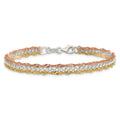 Tri-Tone Gold Plated Silver 3-Strand Diamond-Cut Bead & Twisted Fancy Link Lobster Clasp Chain Bracelet by Fine Color Jewels