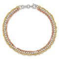 Tri-Tone Gold Plated Silver 3-Strand Diamond-Cut Bead & Twisted Fancy Link Lobster Clasp Chain Bracelet by Fine Color Jewels