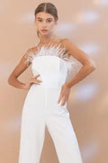 Tube Front Feather Jumpsuit - White by Boutique 23