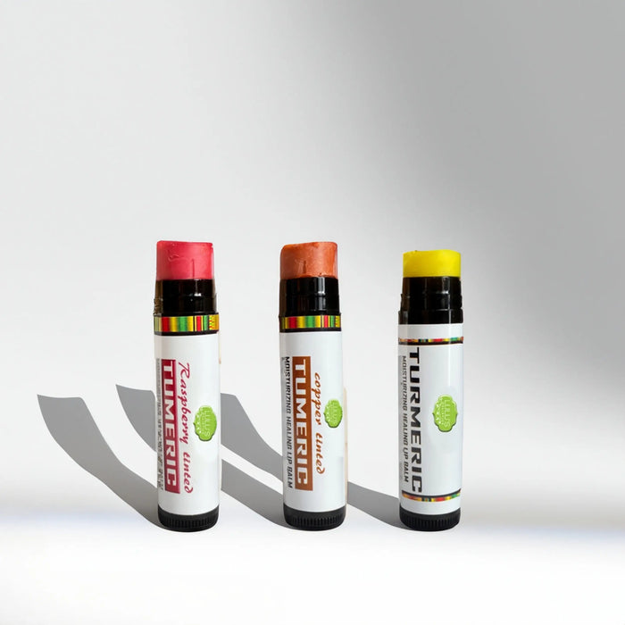 Turmeric Brightening Lip Balm Set - for Dark, Dry Lips (Plain, Copper, Raspberry) by Lulu’s Holistics