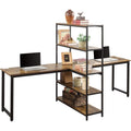 Two Person Computer Desk with Bookshelf Wood and Metal by DailySale