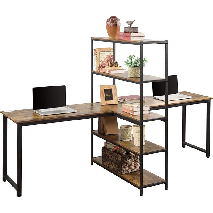 Two Person Computer Desk with Bookshelf Wood and Metal by DailySale