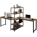 Two Person Computer Desk with Bookshelf Wood and Metal by DailySale