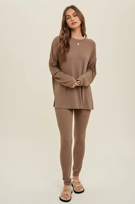 Two Piece Comfy Slub Set - Mocha by Boutique 23