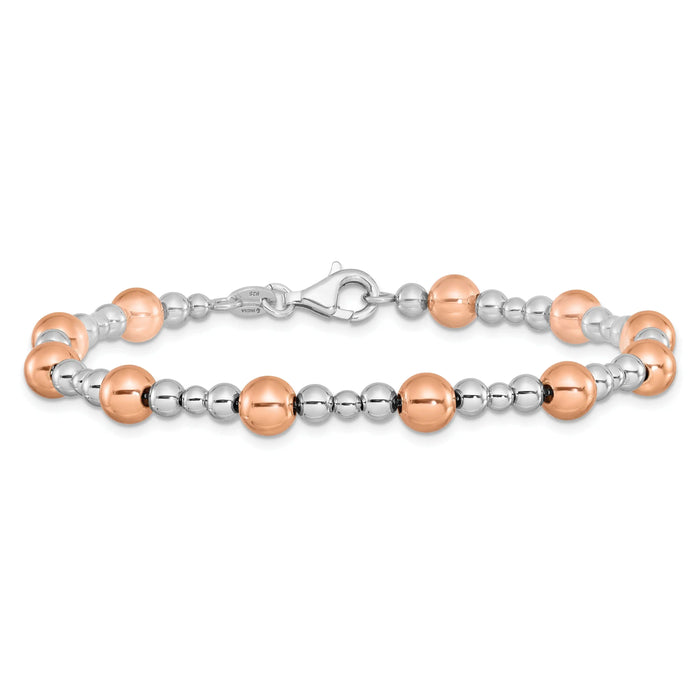 Two-Tone Rhodium and Rose Gold Plated Silver Alternating Multi-Size Polished Ball Station Lobster Clasp Beaded Bracelet by Fine Color Jewels