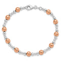Two-Tone Rhodium and Rose Gold Plated Silver Alternating Multi-Size Polished Ball Station Lobster Clasp Beaded Bracelet by Fine Color Jewels