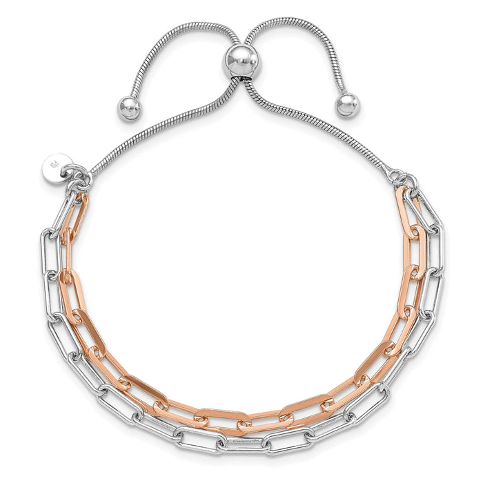 Two-Tone Rose Gold Plated Sterling Silver 2-Strand Paperclip Link Adjustable Slider Bolo Bracelet by Fine Color Jewels