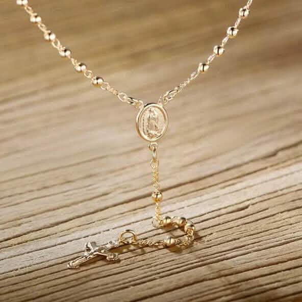 Unisex 14K Gold Virgin Mary Rosary Bead Cross Necklace 18'' by DailySale