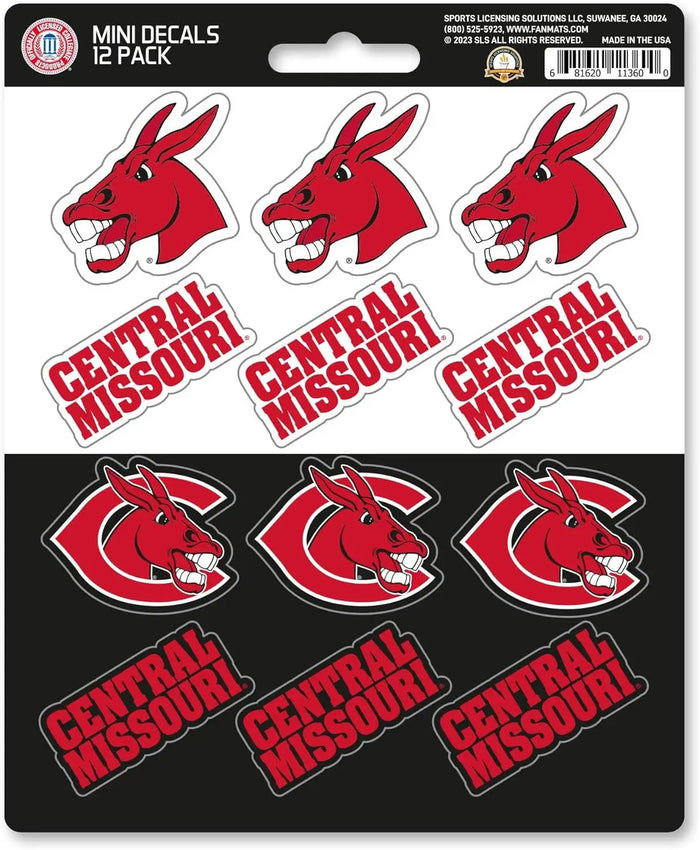 University of Central Missouri Mules 12-Piece Mini Decal Sticker Set, 5x6 Inch Sheet, Gift for football fans for any hard surfaces around home, automotive, personal items by Fielders Choice