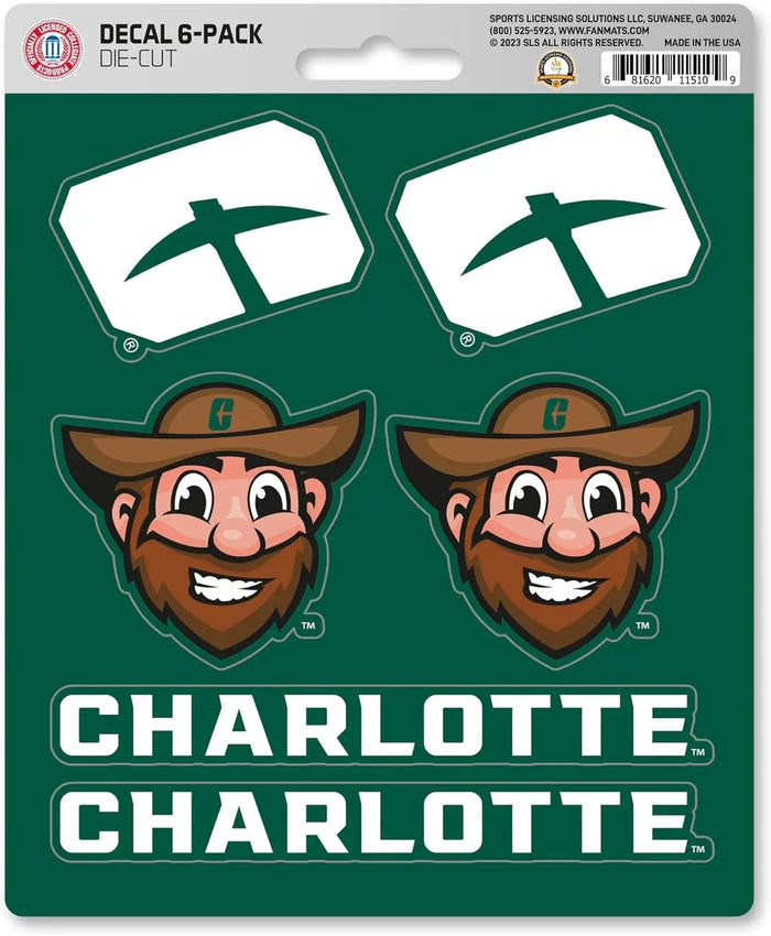 University of North Carolina UNC Charlotte 49ers 6-Piece Decal Sticker Set, 5x6 Inch Sheet, Gift for football fans for any hard surfaces around home, automotive, personal items by Fielders Choice