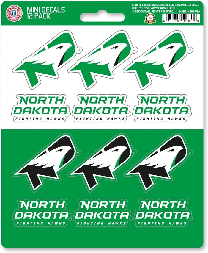 University of North Dakota Fighting Hawks 12-Piece Mini Decal Sticker Set, 5x6 Inch Sheet, Gift for football fans for any hard surfaces around home, automotive, personal items by Fielders Choice