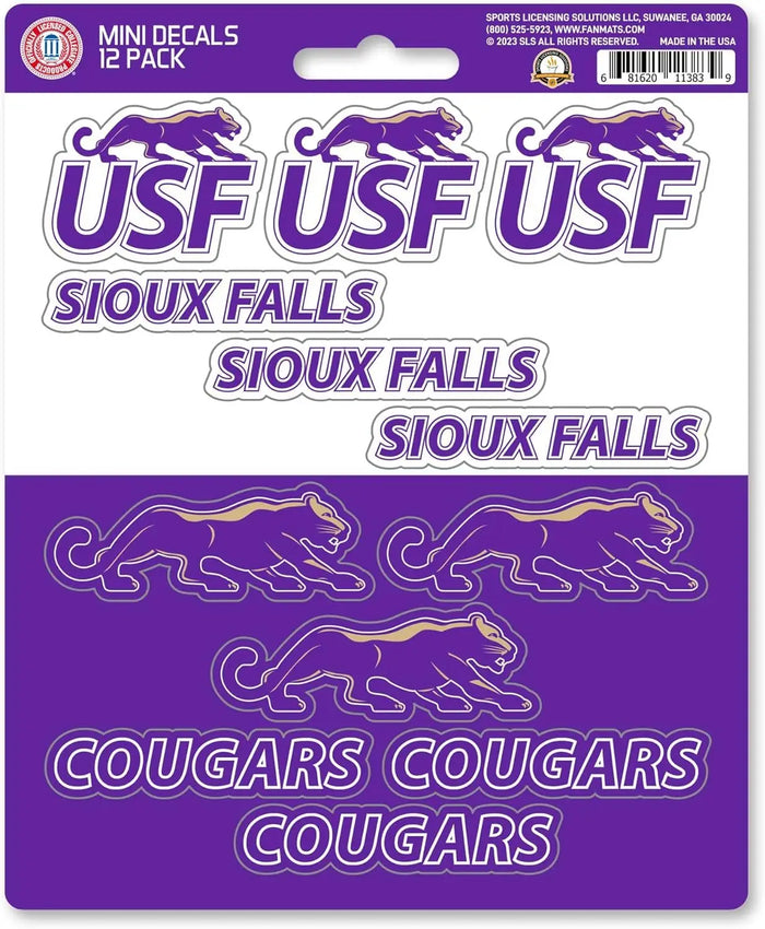 University of Sioux Falls Cougars 12-Piece Mini Decal Sticker Set, 5x6 Inch Sheet, Gift for football fans for any hard surfaces around home, automotive, personal items by Fielders Choice