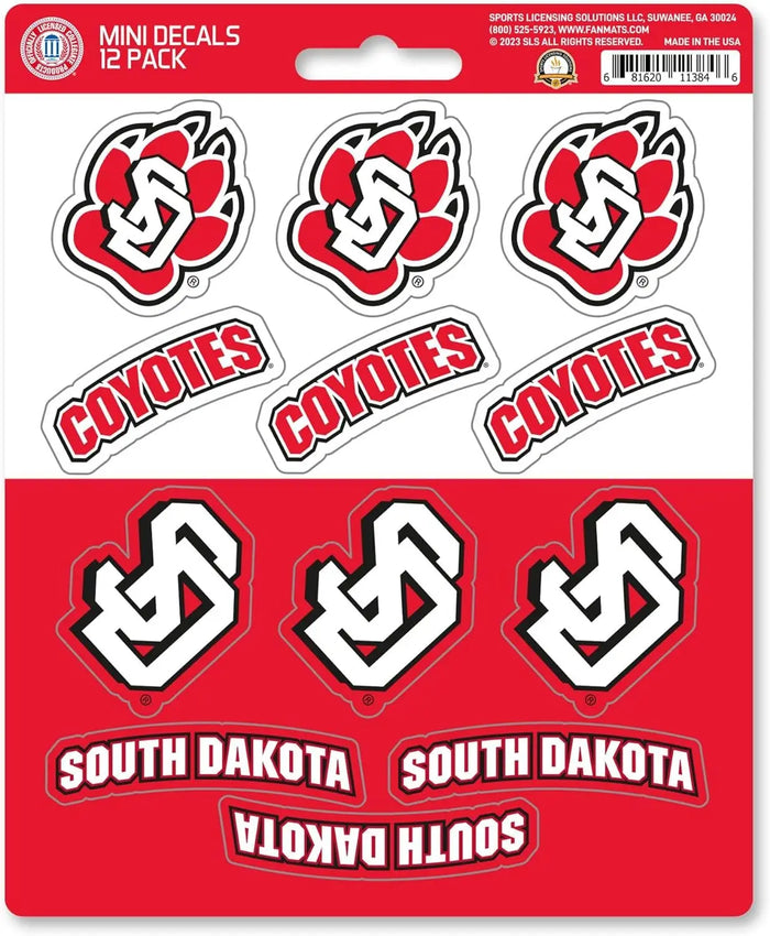 University of South Dakota Coyotes 12-Piece Mini Decal Sticker Set, 5x6 Inch Sheet, Gift for football fans for any hard surfaces around home, automotive, personal items by Fielders Choice