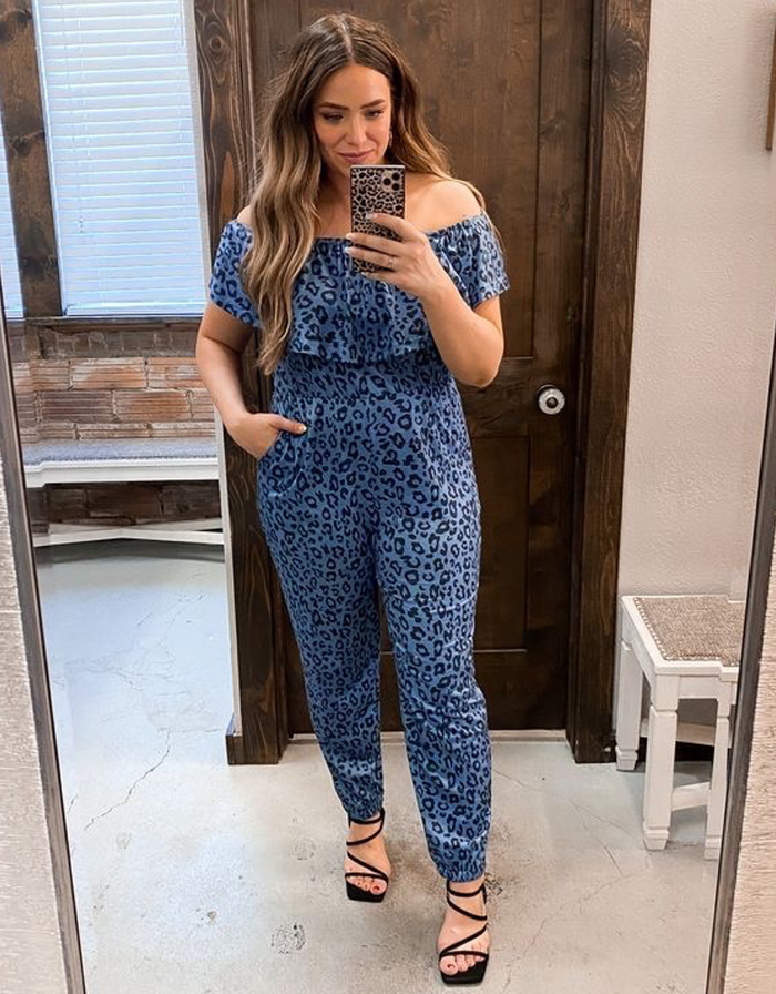 Off Shoulder Short Sleeve Leopard Jumpsuit by Boutique 23