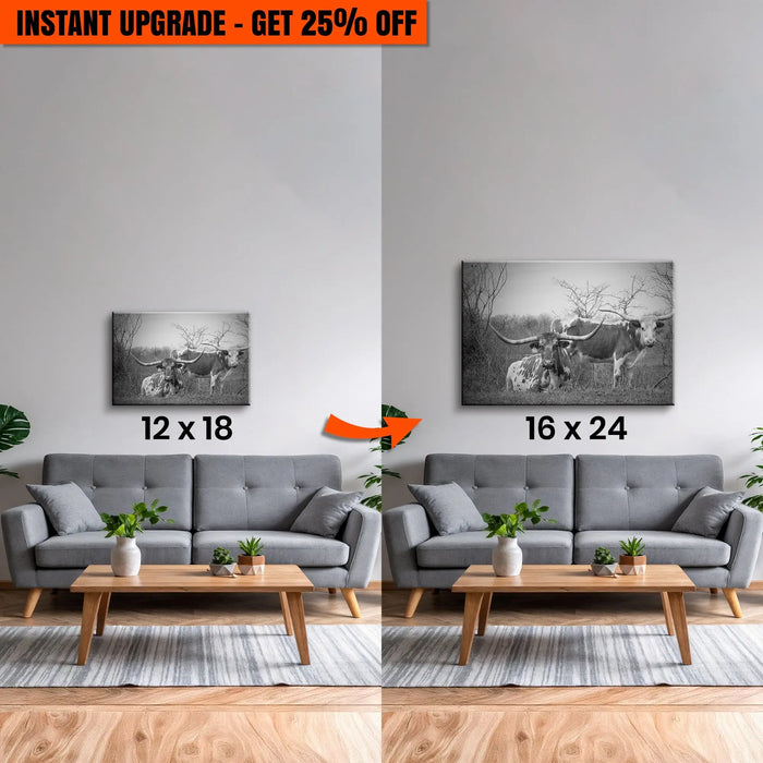 Upgrade Your 12x18 Inches 'Monochrome Texas Longhorn Cattle' Canvas to 16x24 Inches by Tailored Canvases