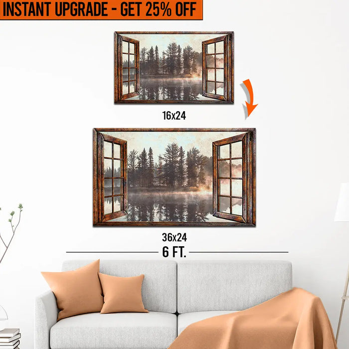 Upgrade Your 16x24 Inches 'Foggy Autumn Lake View By The Window' Canvas To 36x24 Inches by Tailored Canvases