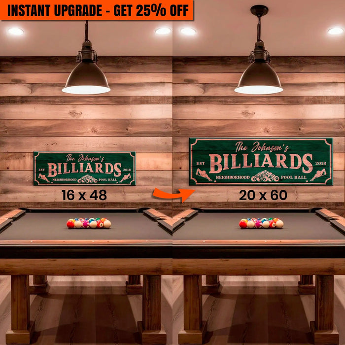 Upgrade Your 16x48 Inches 'Neighborhood Pool Hall Billiards Sign' Canvas To 20x60 Inches by Tailored Canvases