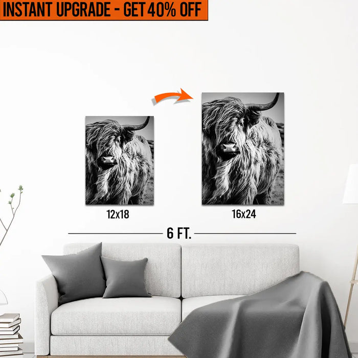 Upgrade Your 18x12 Inches 'Black And White Highland Cow Portrait' Canvas To 16x24 Inches - Get 40% Off by Tailored Canvases