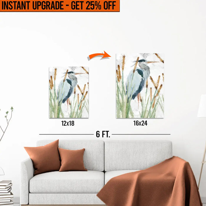 Upgrade Your 18x12 Inches 'Heron In The Reeds' Canvas To 24x16 Inches by Tailored Canvases