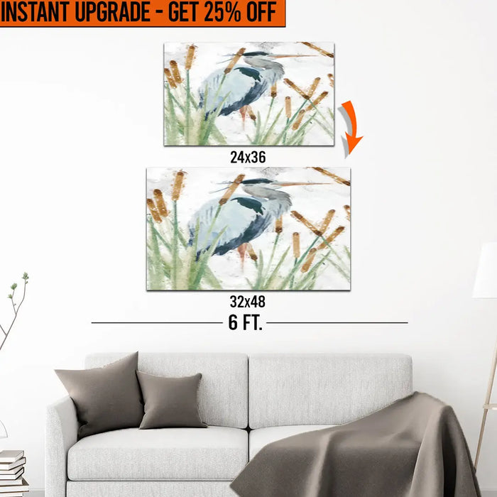 Upgrade Your 36x24 Inches 'Heron In The Reeds' Canvas To 48x32 Inches by Tailored Canvases