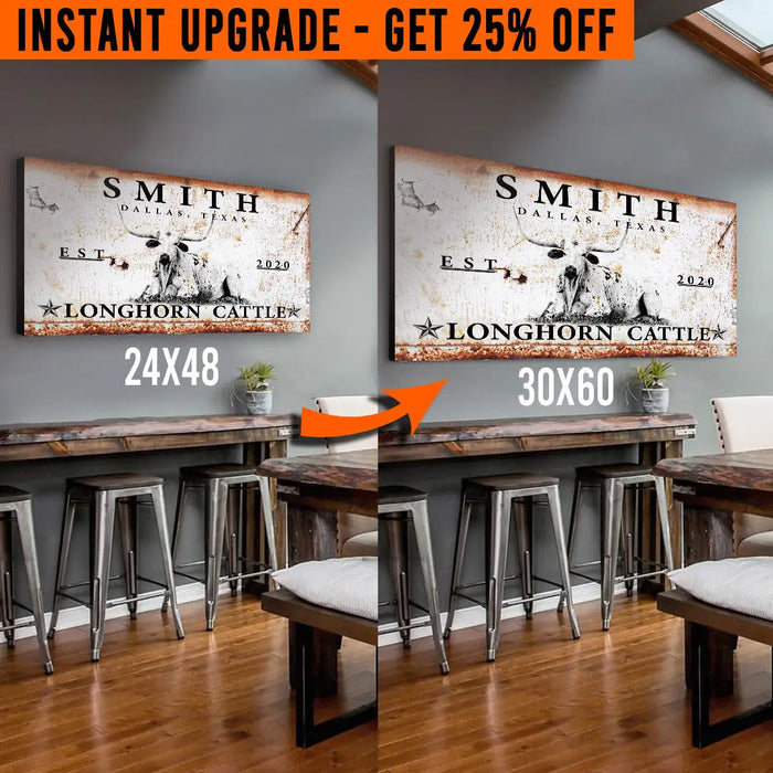 Upgrade Your 48x24 Inches 'Longhorn Rustic Cattle' (Style 1) Canvas To 60x30 Inches by Tailored Canvases
