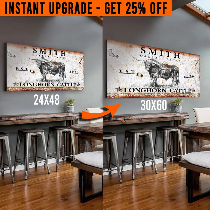 Upgrade Your 48x24 Inches 'Longhorn Rustic Cattle' (Style 3) Canvas To 60x30 Inches by Tailored Canvases