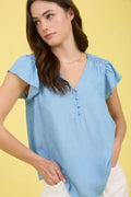 V Neck Half Button Ruffle Sleeve Chambray Top by Boutique 23